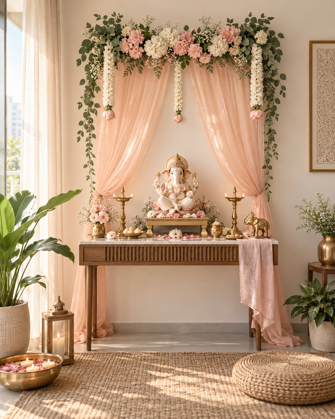 Pastel Floral Ganpati décor setup
